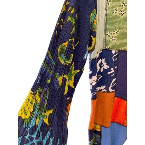 La Cera Tunic Blouse Womens Medium Artsy Wooden Button Patchwork Art to Wear - Picture 5 of 7